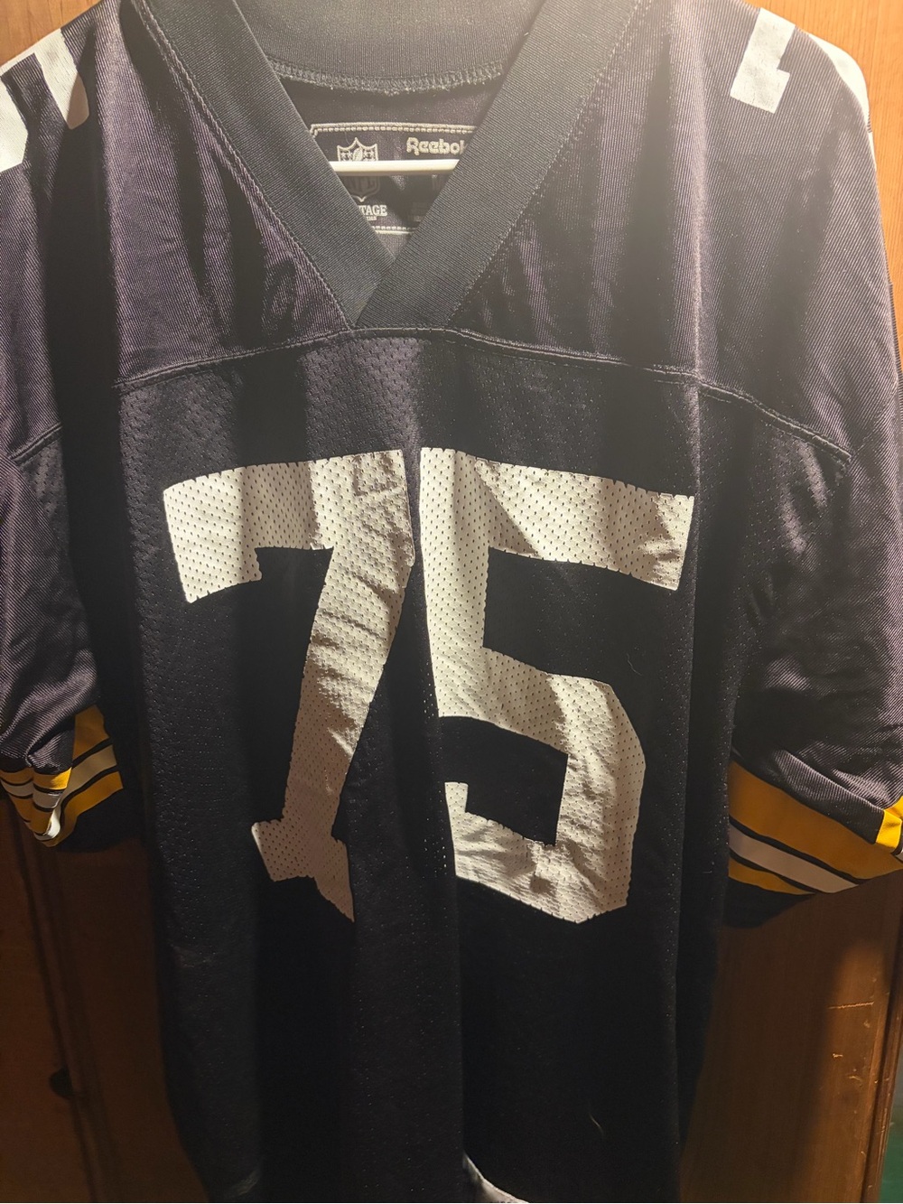 Reebok Men’s Navy Blue Football Jersey with White 75 and Yellow Sleeve Stripes